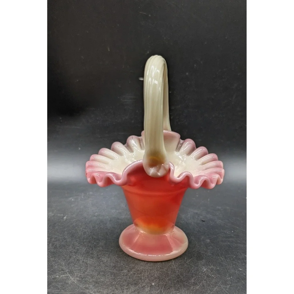 Vintage Fenton Pink Burmese Uranium Glass Basket Ruffled Rim Waffle Base 6 5